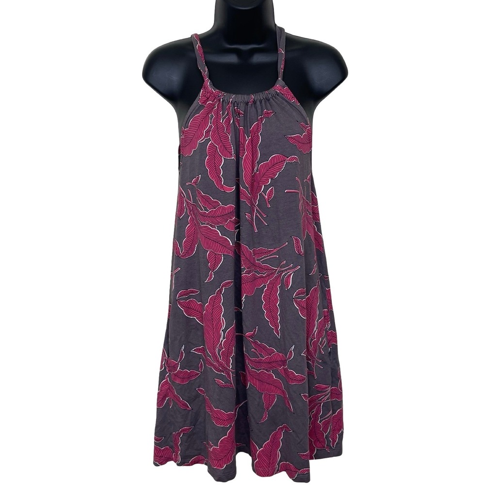 Boden‎ Leaf Print Jersey Dress Women 6 Gray Pink Halter Neck Sleeveless Pockets